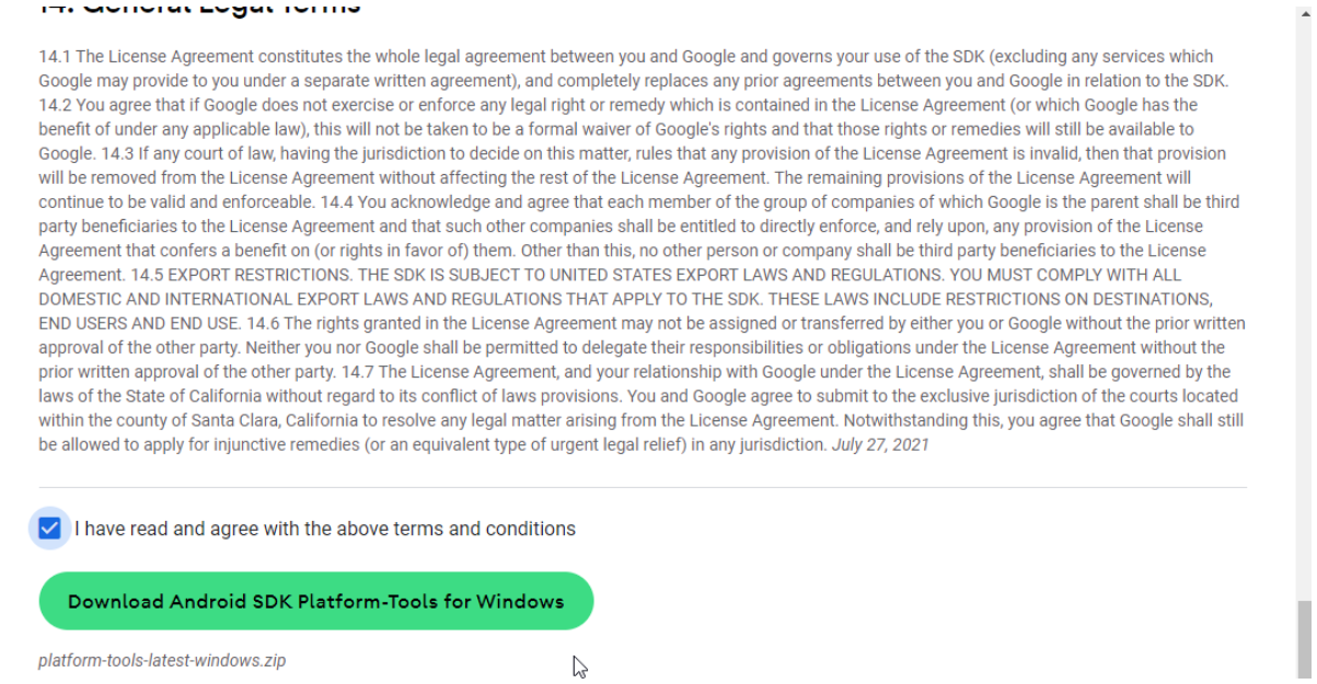 Окно подтверждения лицензионного соглашения и кнопка загрузки Android SDK