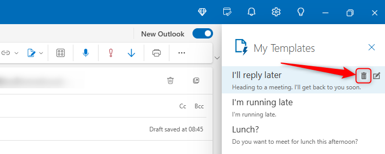 Значок корзины рядом с предустановленными шаблонами в новом Outlook.