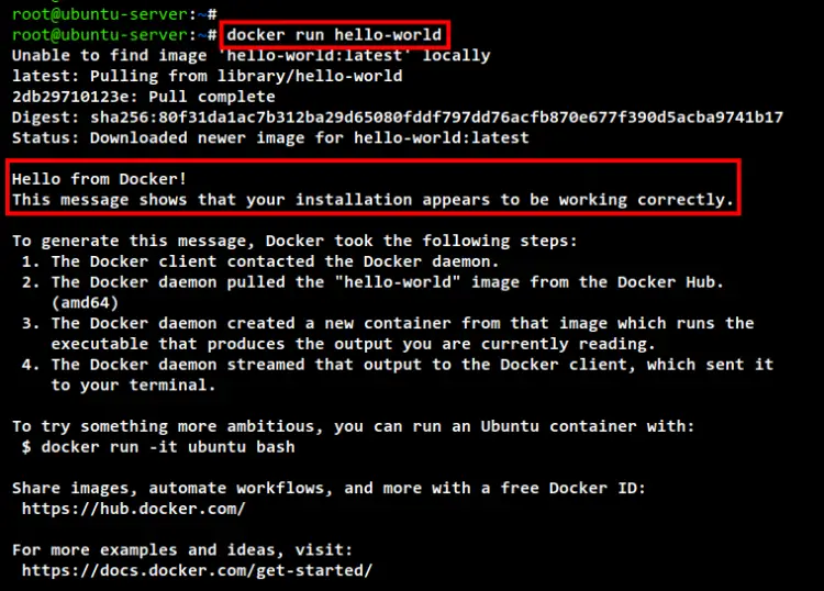 Запуск контейнера hello-world подтверждает работоспособность Docker