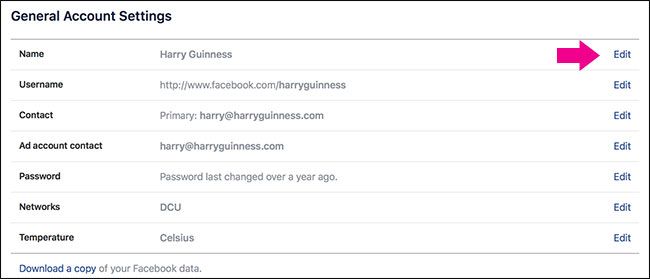 Форма для редактирования имени в Facebook