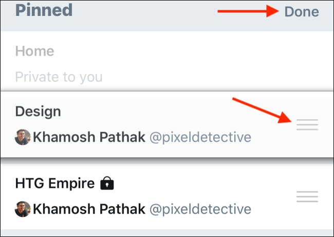 Перетащите списки, затем нажмите Готово