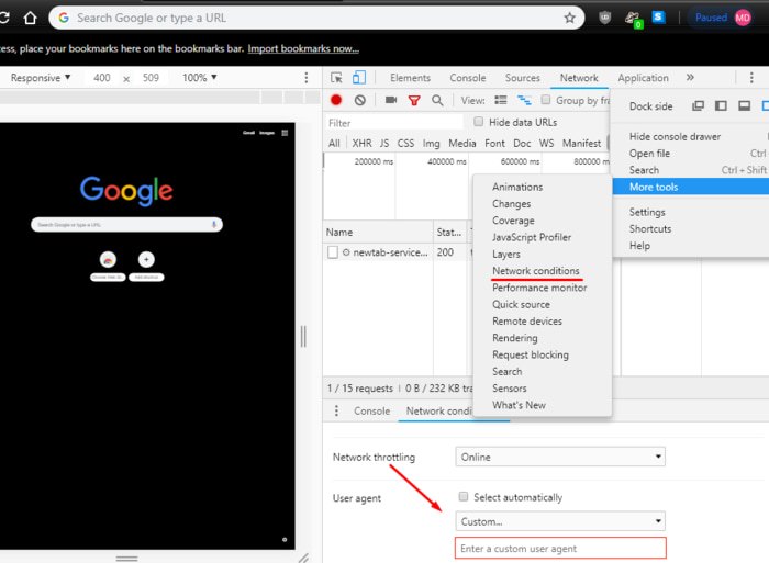 Panel de Condiciones de Red en Chrome mostrando la casilla Select automatically desmarcada