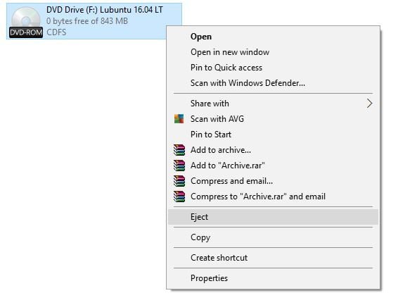 Контекстное меню диска с командой Извлечь