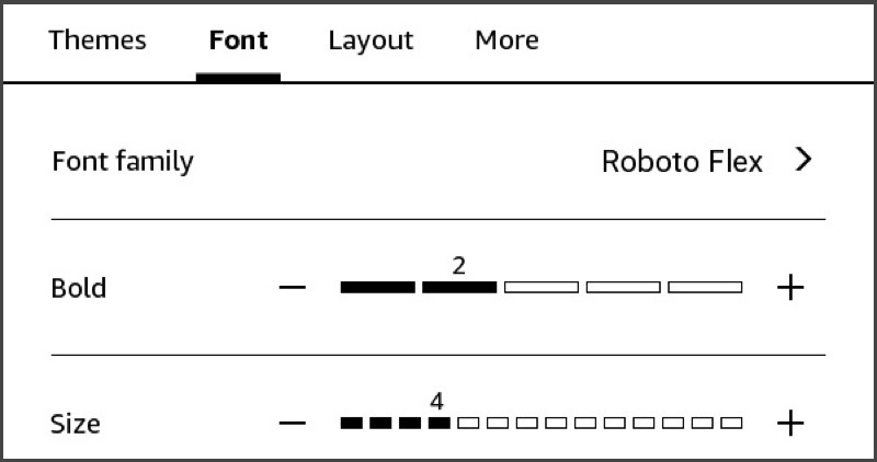 опции толщины и размера шрифта на kindle.