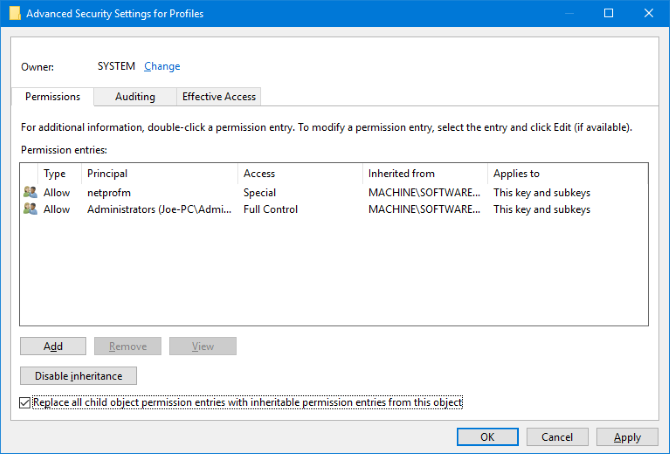Редактор реестра — папка Profiles для исправления разрешений