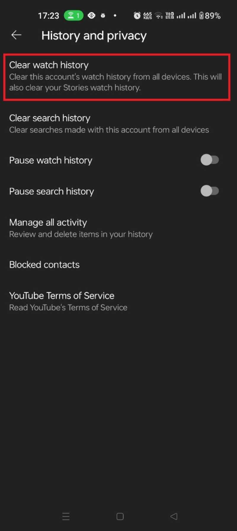 Historique de lecture effacé message sur Android