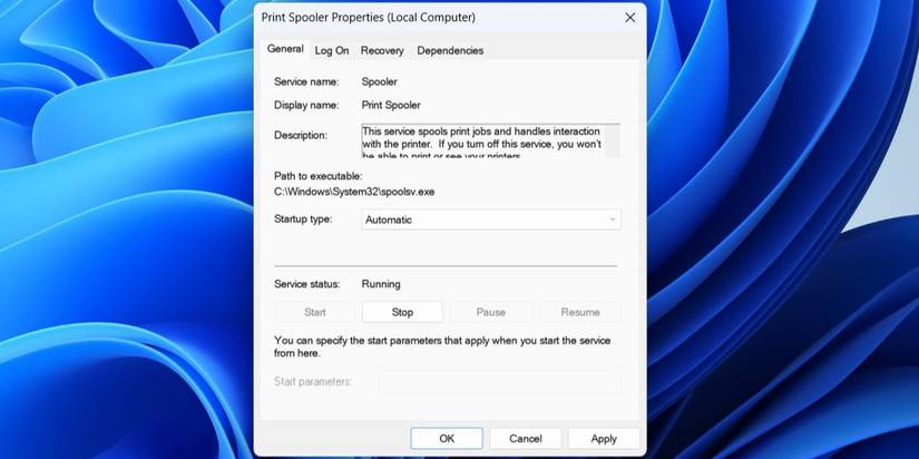 Окно свойств службы Print Spooler