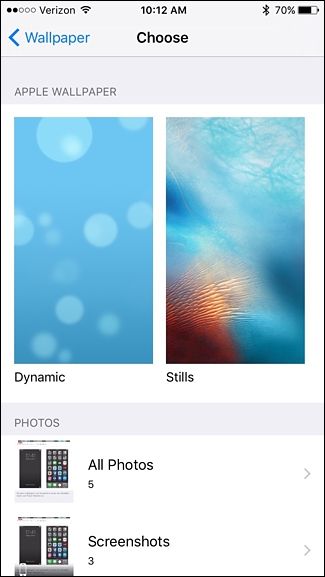 Экран с выбором Dynamic, Stills или ваших фотографий