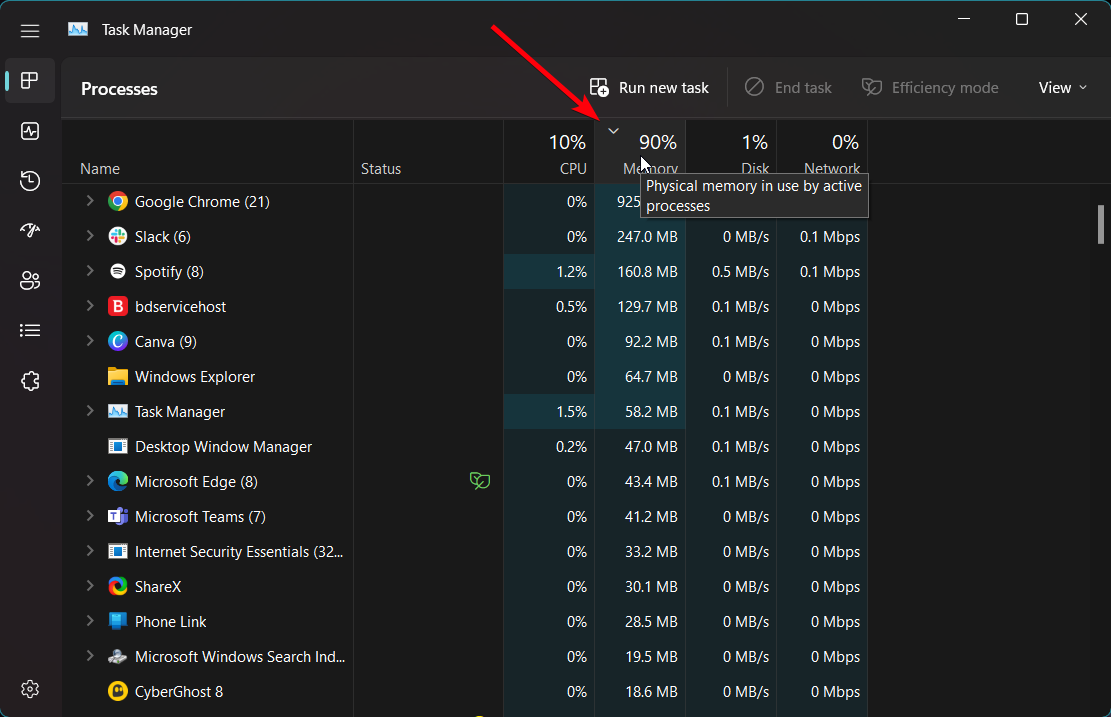 Сортировка процессов по потреблению памяти