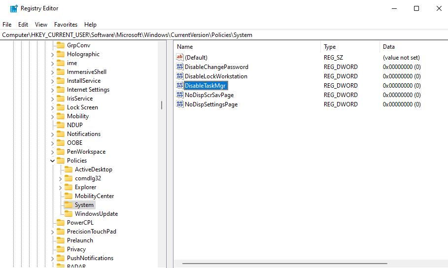 Параметр DisableTaskMgr в реестре