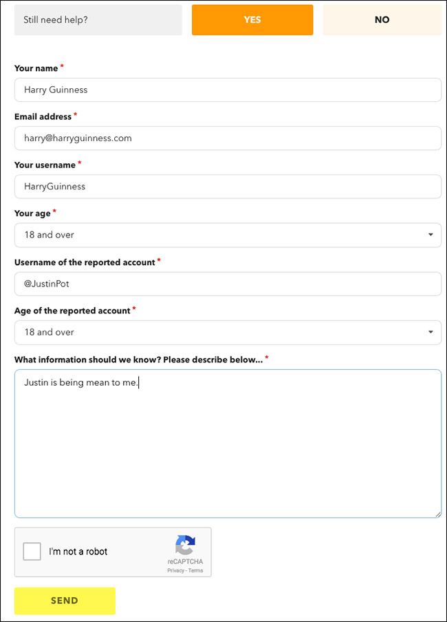 Форма отправки жалобы с полями имени и описания