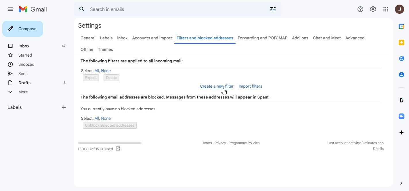 Снимок экрана раздела Фильтры и заблокированные адреса в Gmail