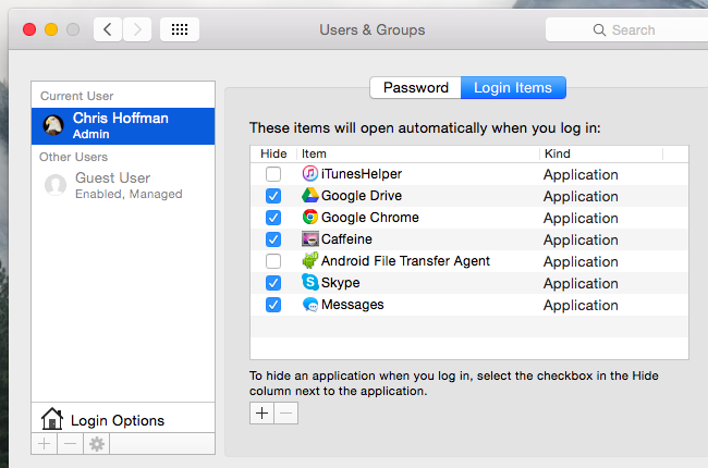 Окно «Пользователи и группы» в macOS с вкладкой «Элементы входа»