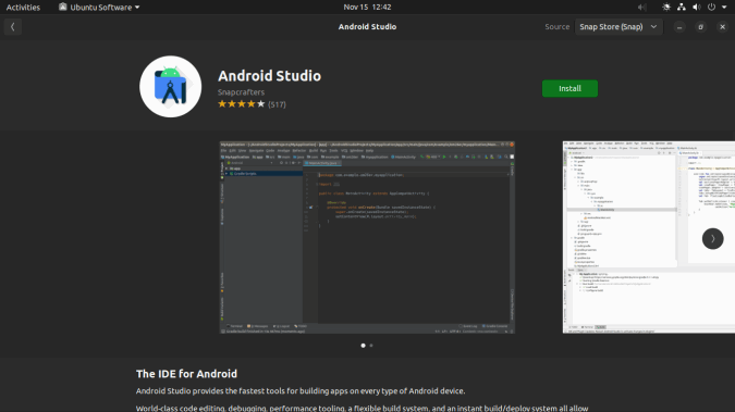 Скриншот страницы Android Studio в Snap Store