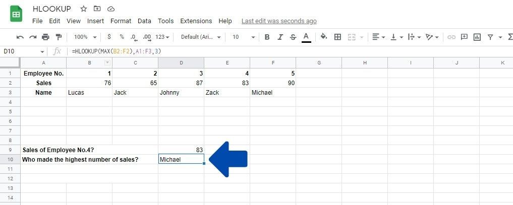 Пример вложенного HLOOKUP в Google Sheets