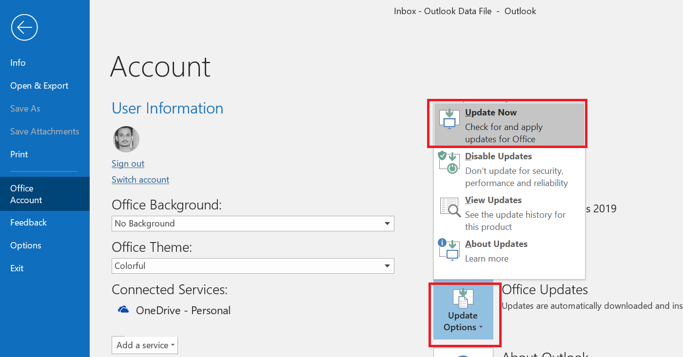 Opción Actualizar ahora en Outlook