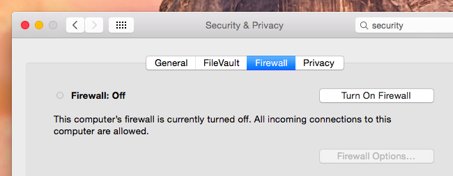 Отключённый брандмауэр в macOS для общего доступа