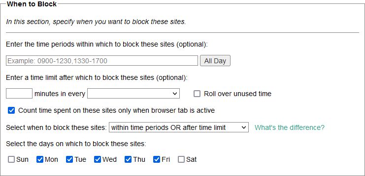 параметры блокировки LeechBlock: расписание и лимиты