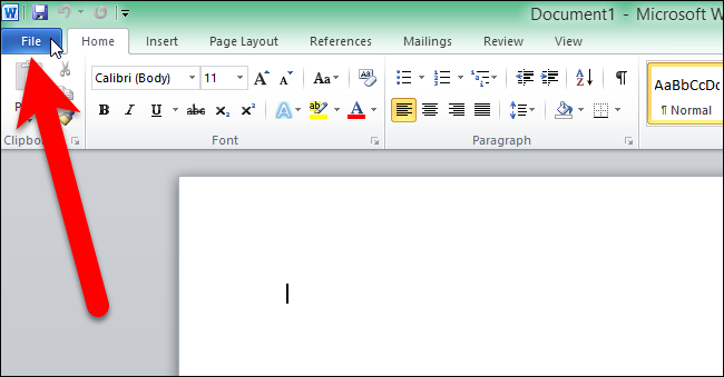 Нажатие вкладки Файл в Word (Office 2010)