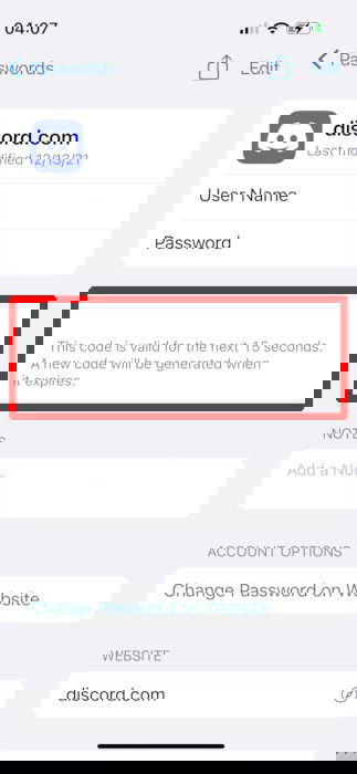 Отображение сгенерированного кода рядом с сохранённой учётной записью