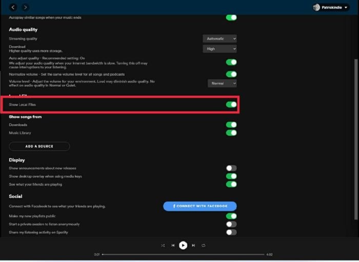 Параметр локальных файлов в настройках Spotify на рабочем столе