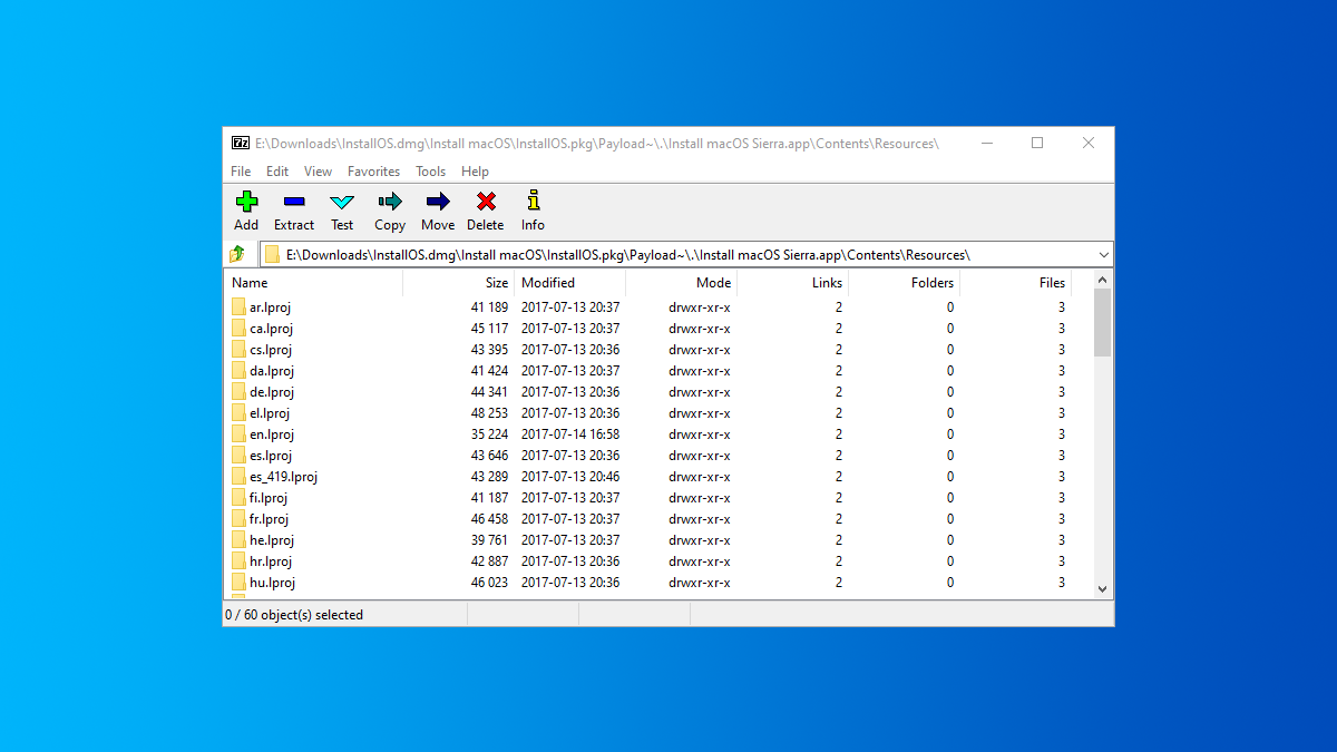 Открытый DMG‑образ macOS в 7‑Zip на Windows. Вид заголовка.