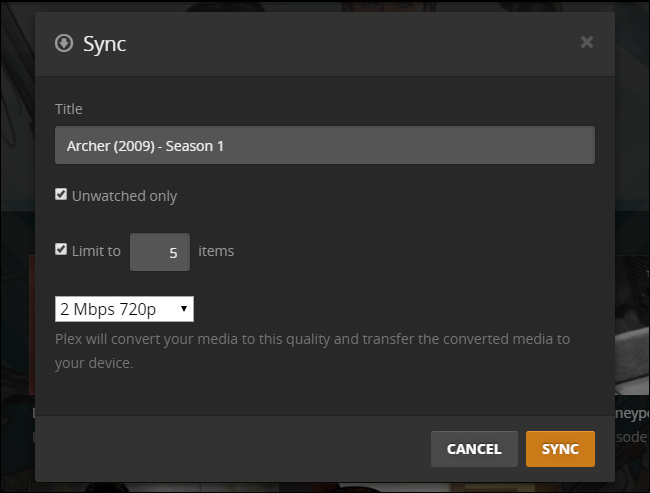 Параметры задания синхронизации: качество, количество, только непросмотренные