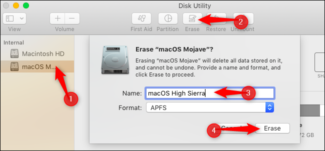 Подтверждение стирания тома macOS Mojave