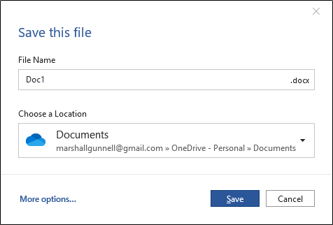 Варианты сохранения: OneDrive и Компьютер