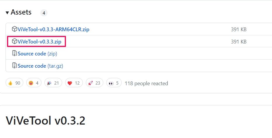 ZIP-архив ViVeTool на странице загрузки GitHub