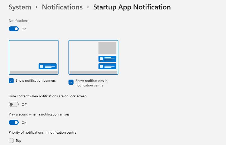 The display settings for notifications in Windows 11