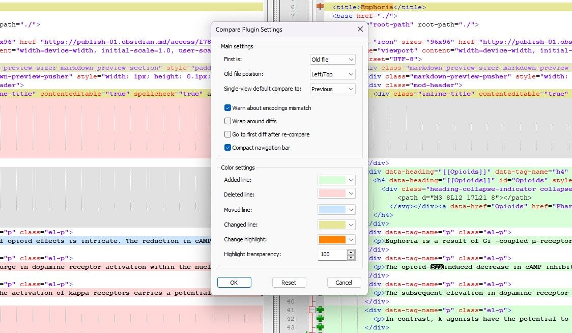 Настройки плагина Compare