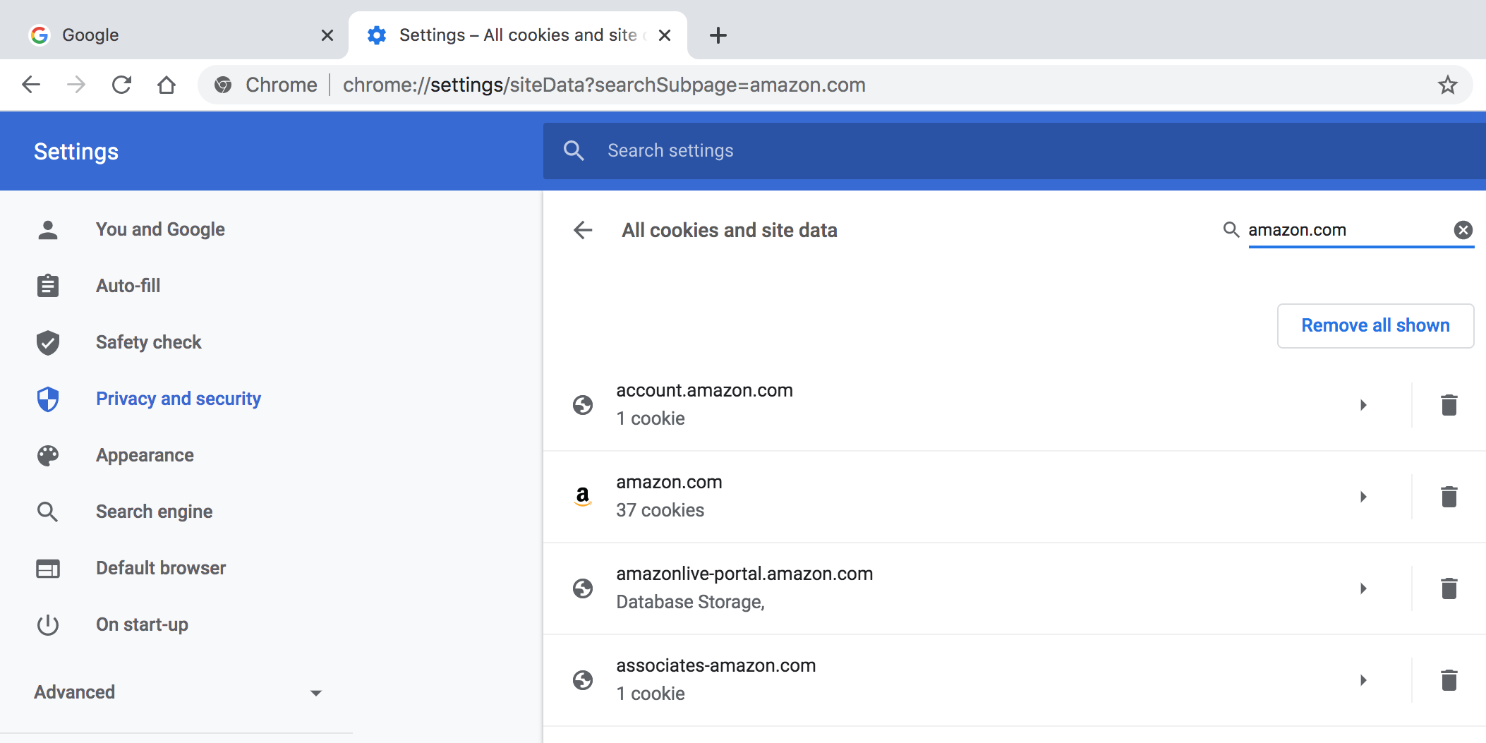 Удаление отдельных куки для выбранного сайта