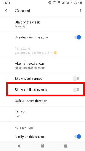 Экран настроек Google Calendar на телефоне — показ отклонённых событий