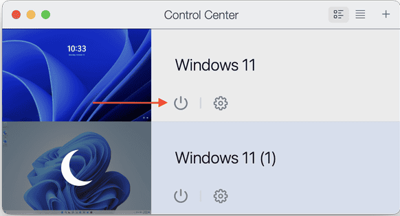 Parallels Control Center: запуск виртуальной машины