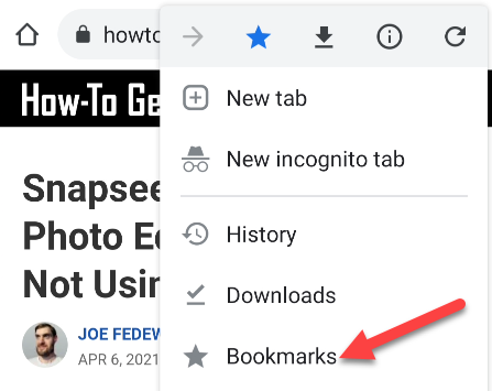 Выбор Bookmarks в меню Chrome