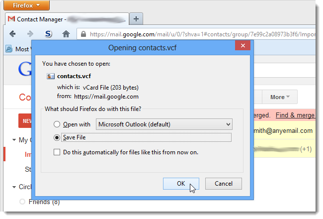Сохранение экспортированного contacts.vcf