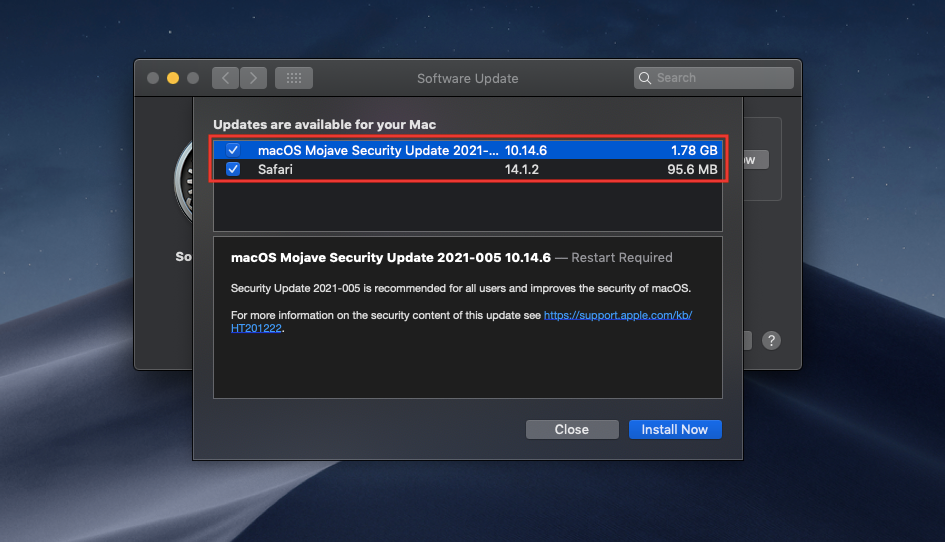Экран со списком всех обновлений для текущей версии macOS