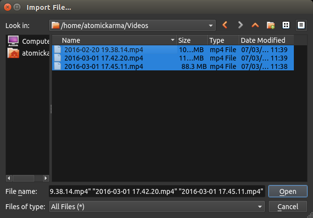 Окно импорта файлов в OpenShot 2.0