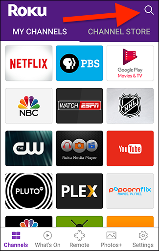 Главный экран приложения Roku с иконкой поиска