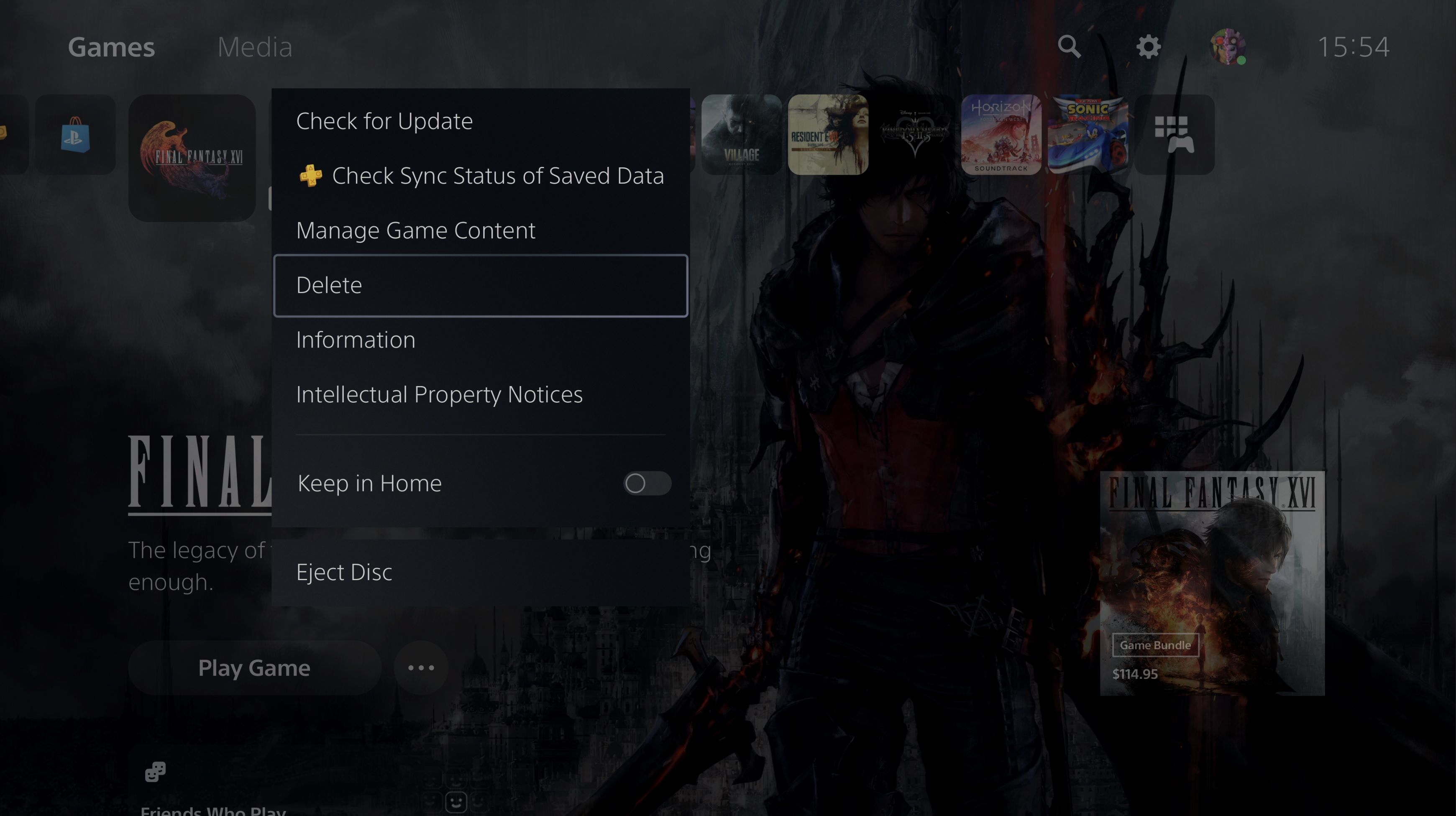 Удаление игры из меню домашнего экрана PS5