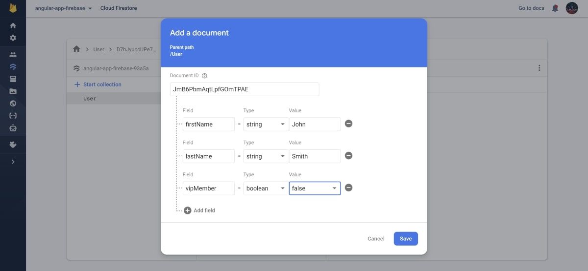 Добавление записи в коллекцию Firebase