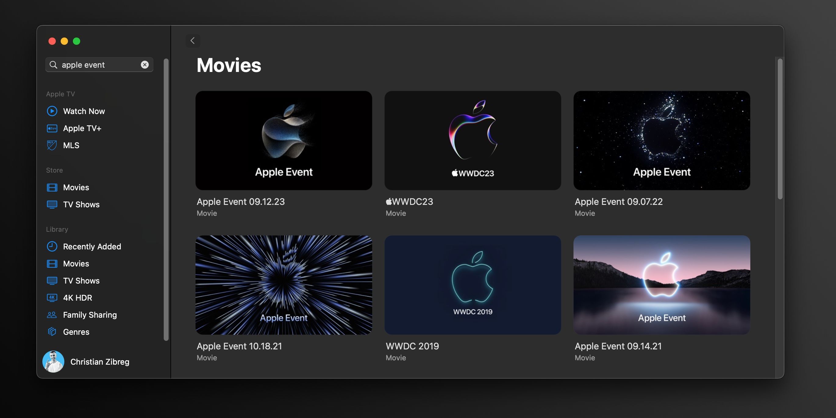 Поиск «Apple Events» в приложении Apple TV на macOS