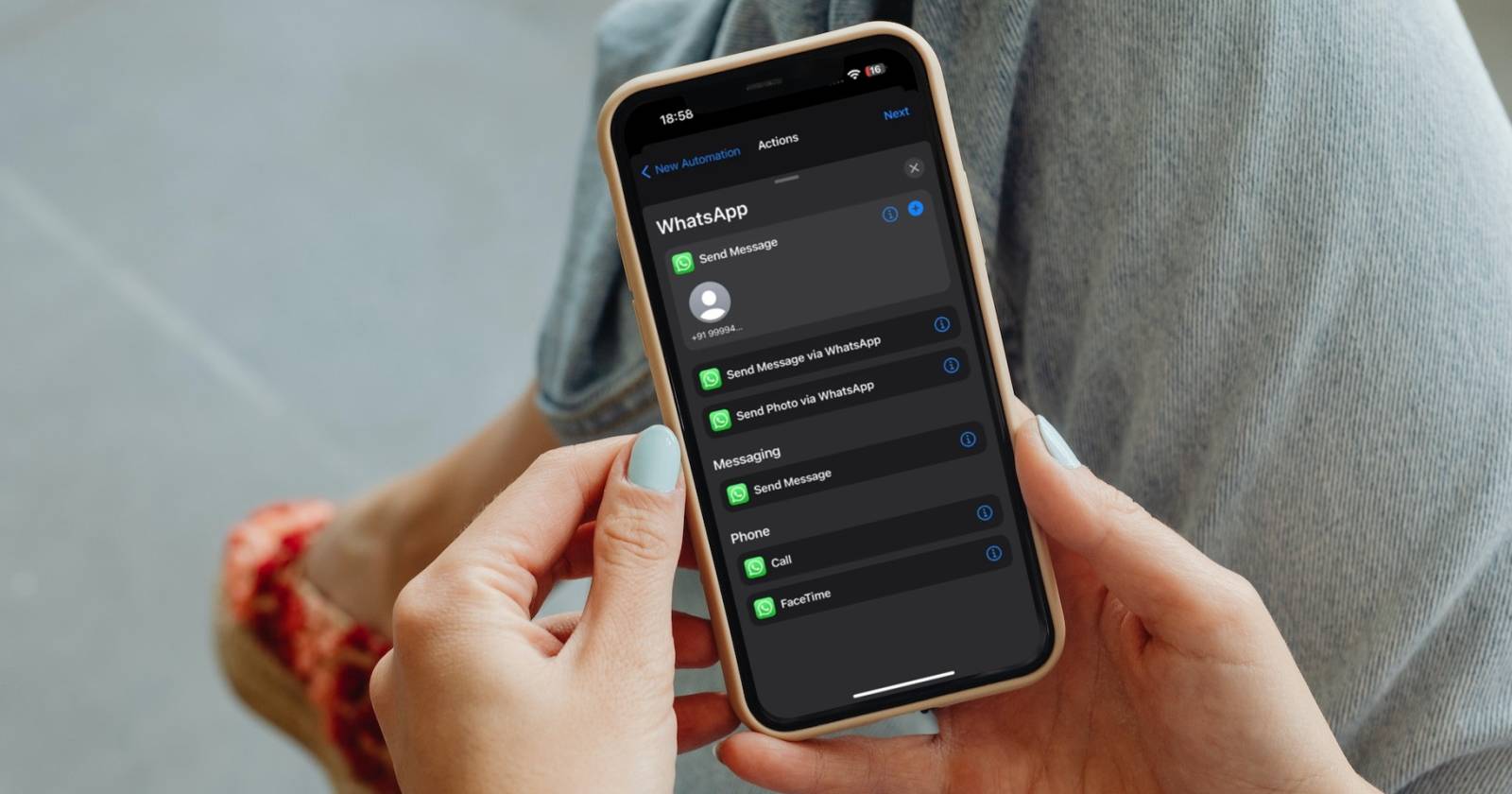 Действия WhatsApp в приложении Shortcuts на iPhone