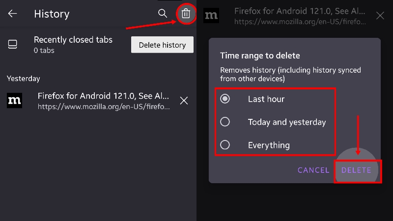 delete search history in firefox on mobile