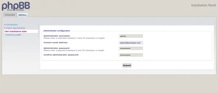 Мастер установки phpBB с выбором Install