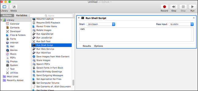 Действие Automator 'Запустить shell-скрипт' перетянуто в рабочую область