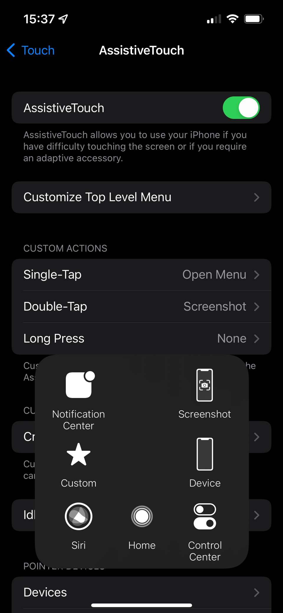 Меню AssistiveTouch на iPhone, показывающее доступные действия