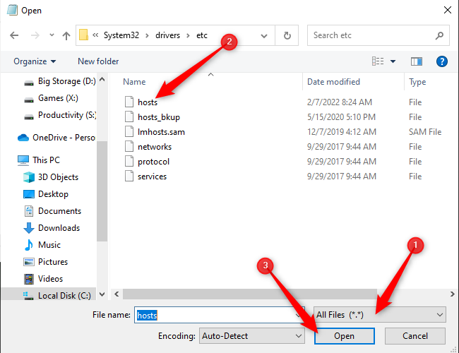 Поменять фильтр на Все файлы и открыть hosts