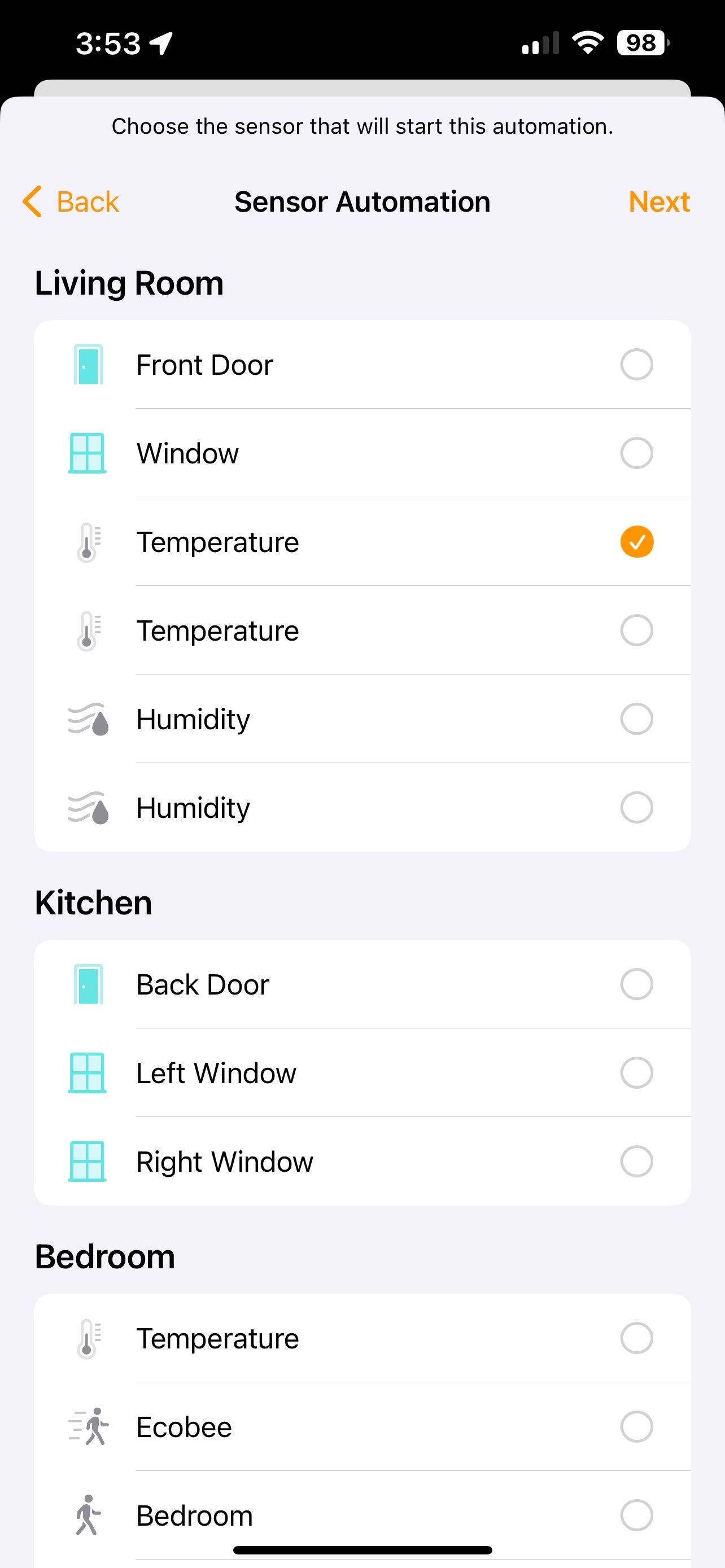 Apple Home App iOS 17 Sensor Automation Choose Accessory Screen